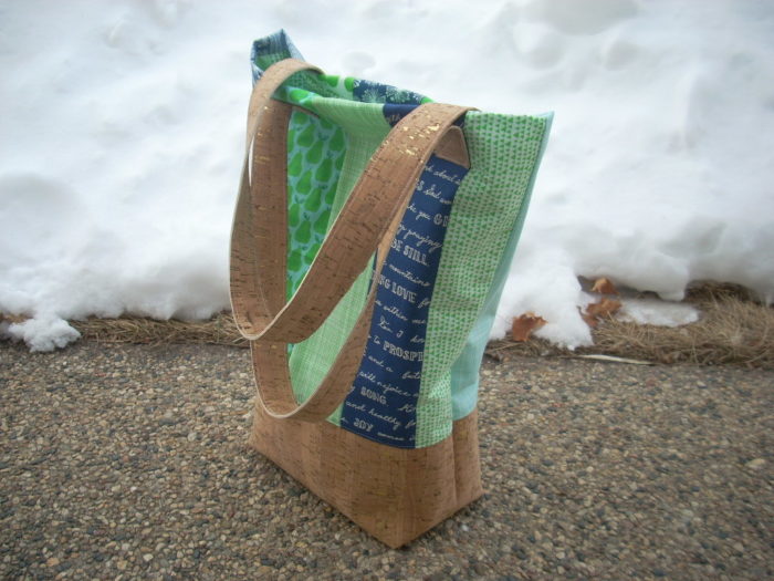 handpicked blue and green cork bag